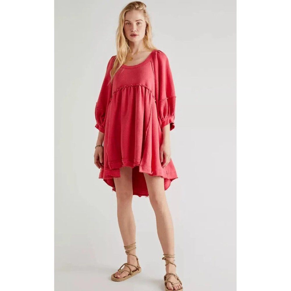 NEW FREE PEOPLE Sz S SUNCHILD PULLOVER TUNIC SWEATSHIRT MINI DRESS IN STRAWBERRY